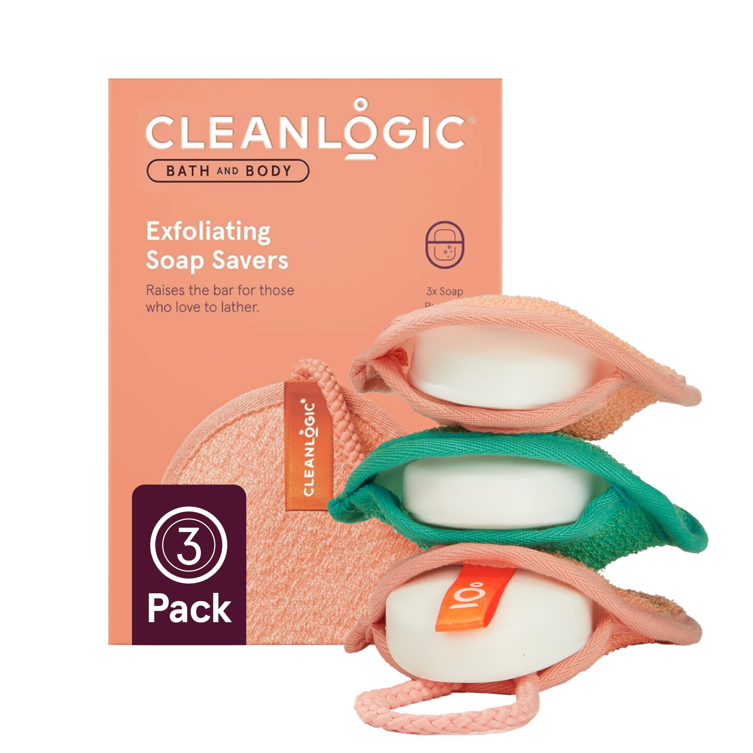 Cleanlogic front view of three soap saver pouches showing packaging and colors for easy selection