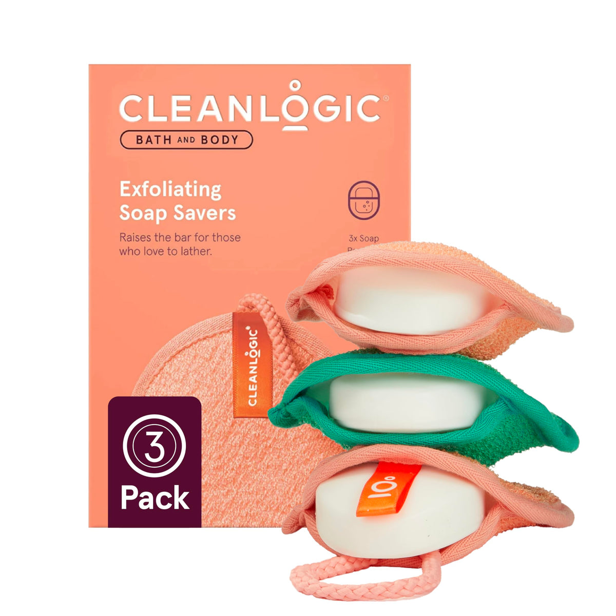 Cleanlogic front view of three soap saver pouches showing packaging and colors for easy selection