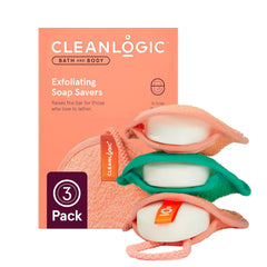 Cleanlogic front view of three soap saver pouches showing packaging and colors for easy selection