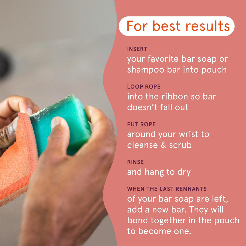 Cleanlogic pouch in use creating foam on an arm for effective cleansing and exfoliation