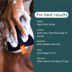 Cleanlogic scrubber held in hand showing size and easier full-body coverage