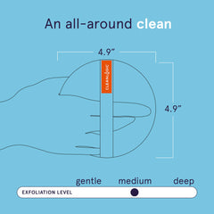 Hand holding Cleanlogic round scrubber to show size and comfortable grip benefit