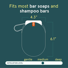 Cleanlogic scrubber pouch with bar soap inside demonstrating soap protection