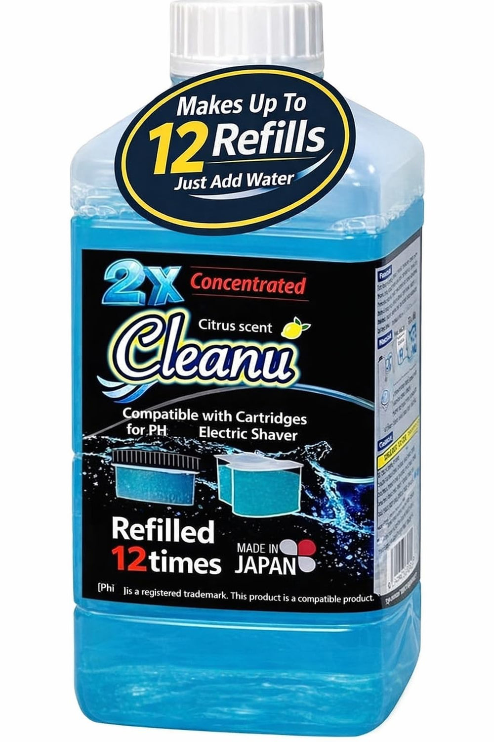 Cleanu bottle front label showing brand and concentrate benefits for cleaner shavers