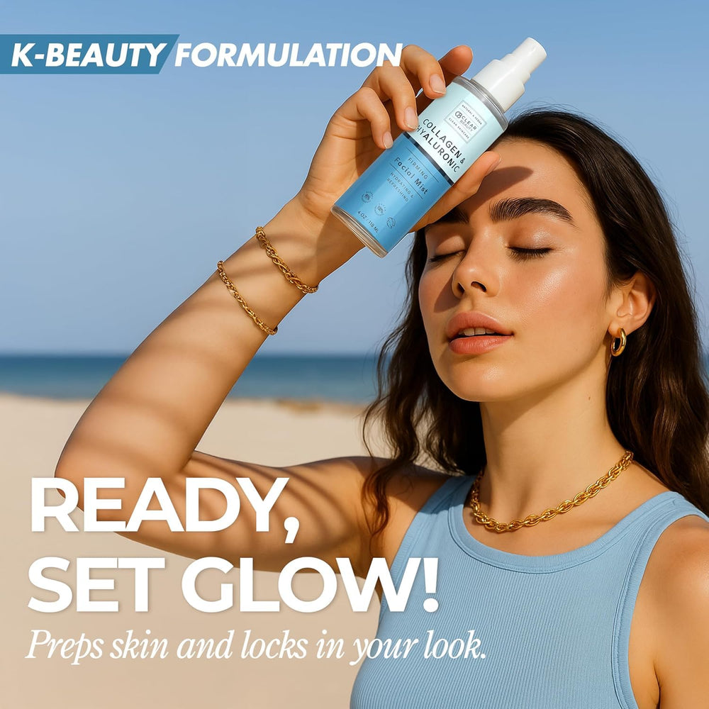 Clear Beauty mist spraying in air demonstrating fine, weightless hydration for instant refresh