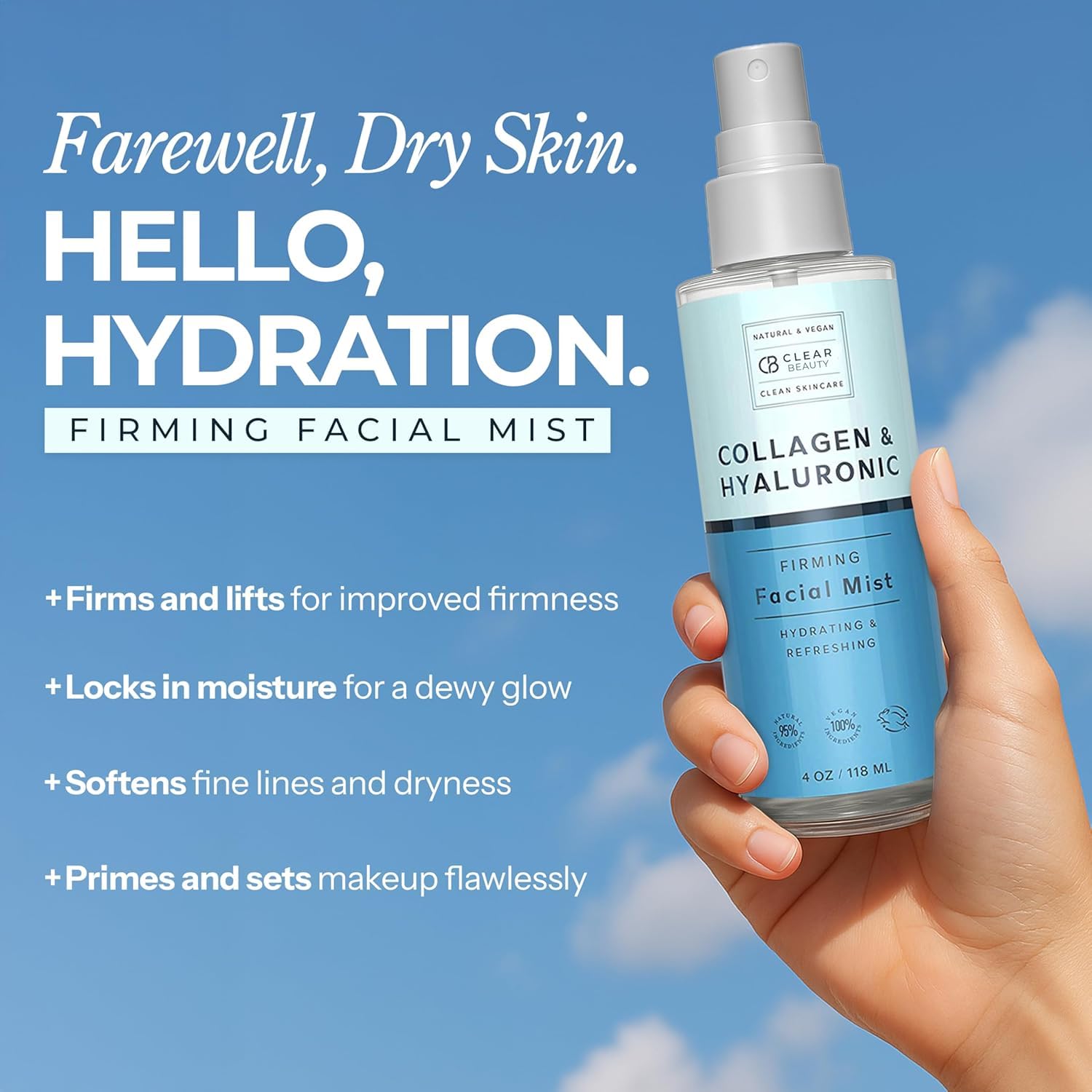Clear Beauty liquid texture on skin highlighting hyaluronic hydration and smooth finish