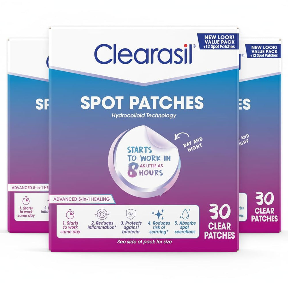Clearasil front packaging showing three-pack value and 30 patches benefit: clear convenience