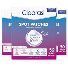 Clearasil front packaging showing three-pack value and 30 patches benefit: clear convenience