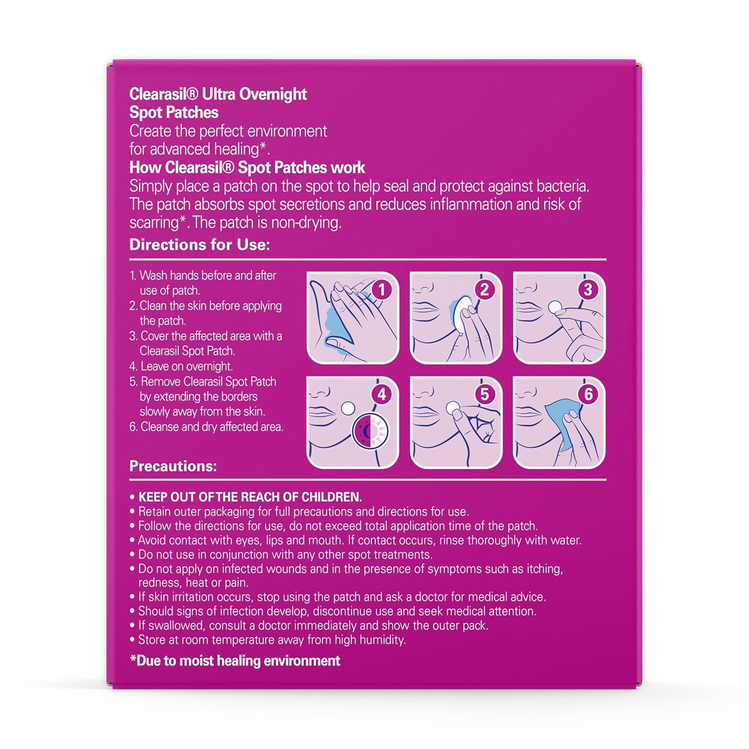 Clearasil product label showing hydrocolloid technology details and clear usage guidance