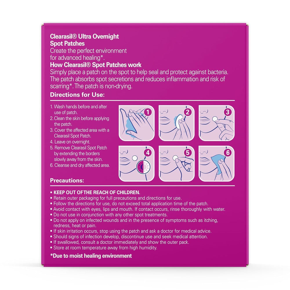 Clearasil product label showing hydrocolloid technology details and clear usage guidance