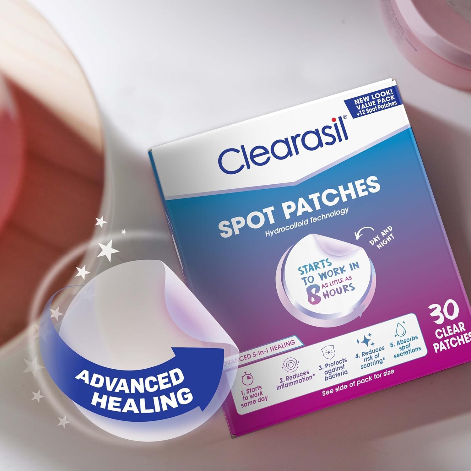 Clearasil patch worn overnight on jawline illustrating overnight absorption and barrier protection