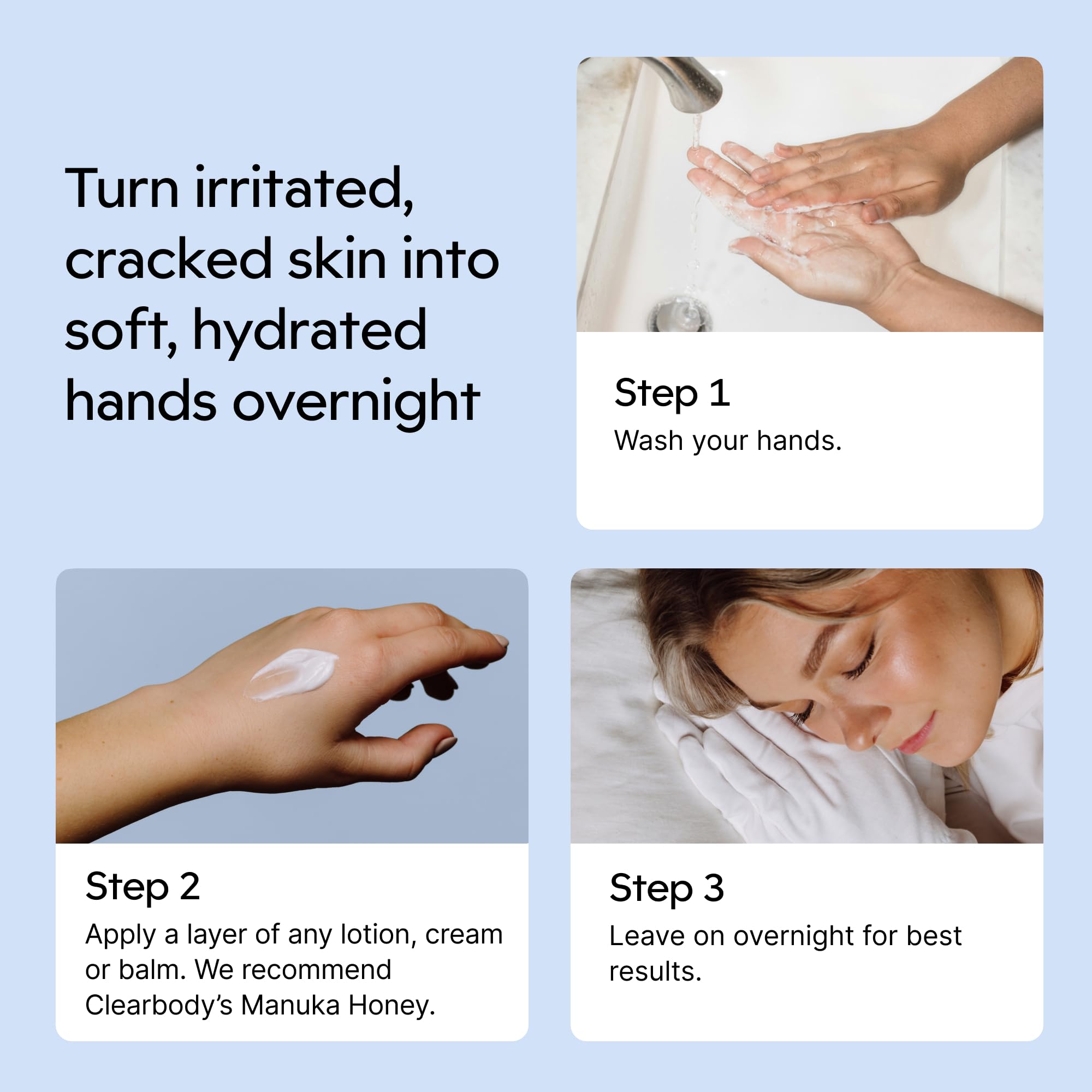 Clearbody Organics lifestyle bedroom scene with gloves in use for overnight care