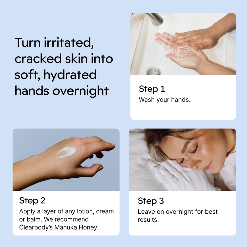 Clearbody Organics lifestyle bedroom scene with gloves in use for overnight care