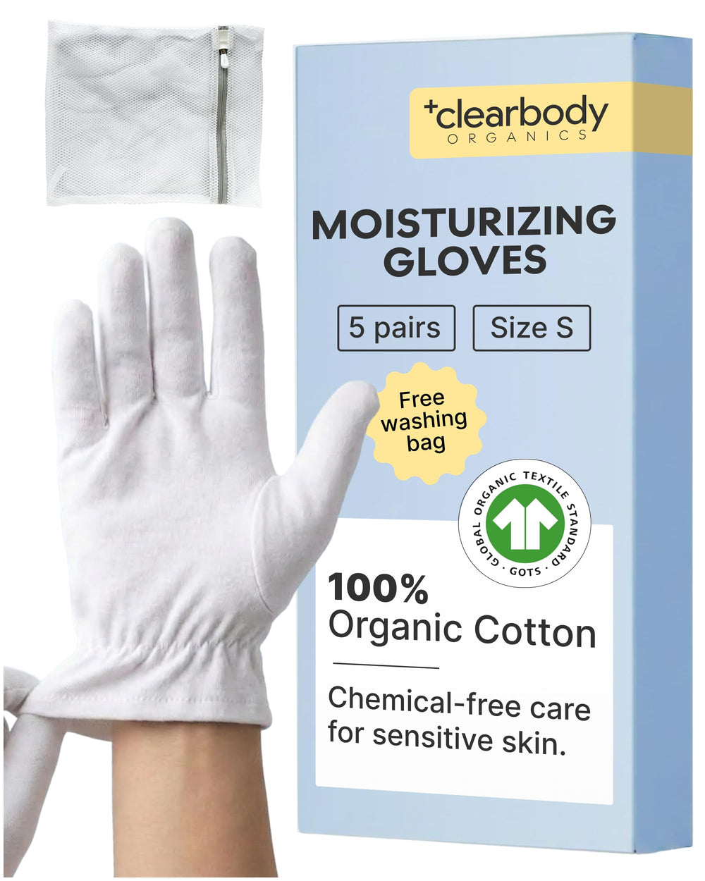 Clearbody Organics front packaging showing five small white cotton glove pairs and benefits