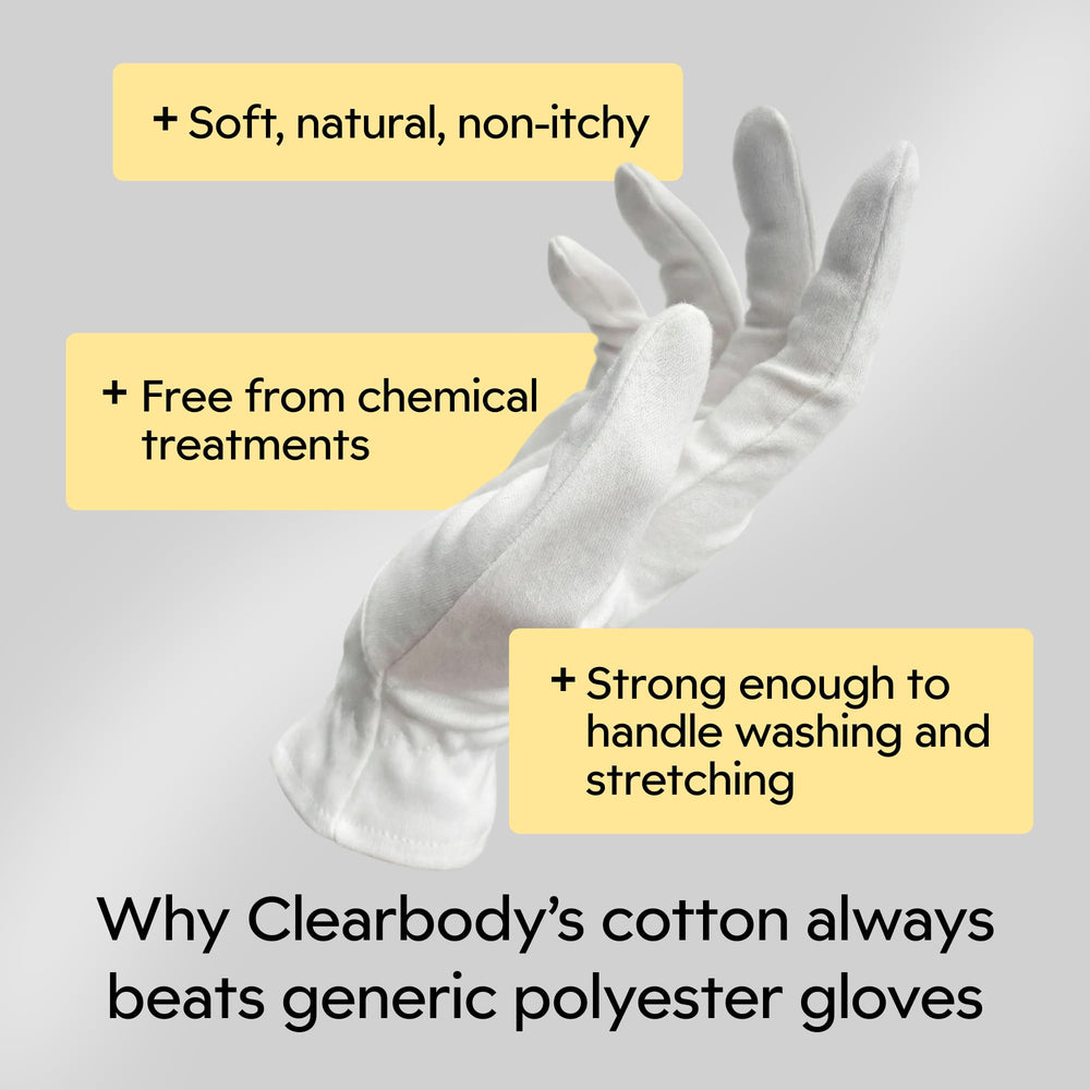 Clearbody Organics gloves on hand next to ruler showing medium size fit clarity