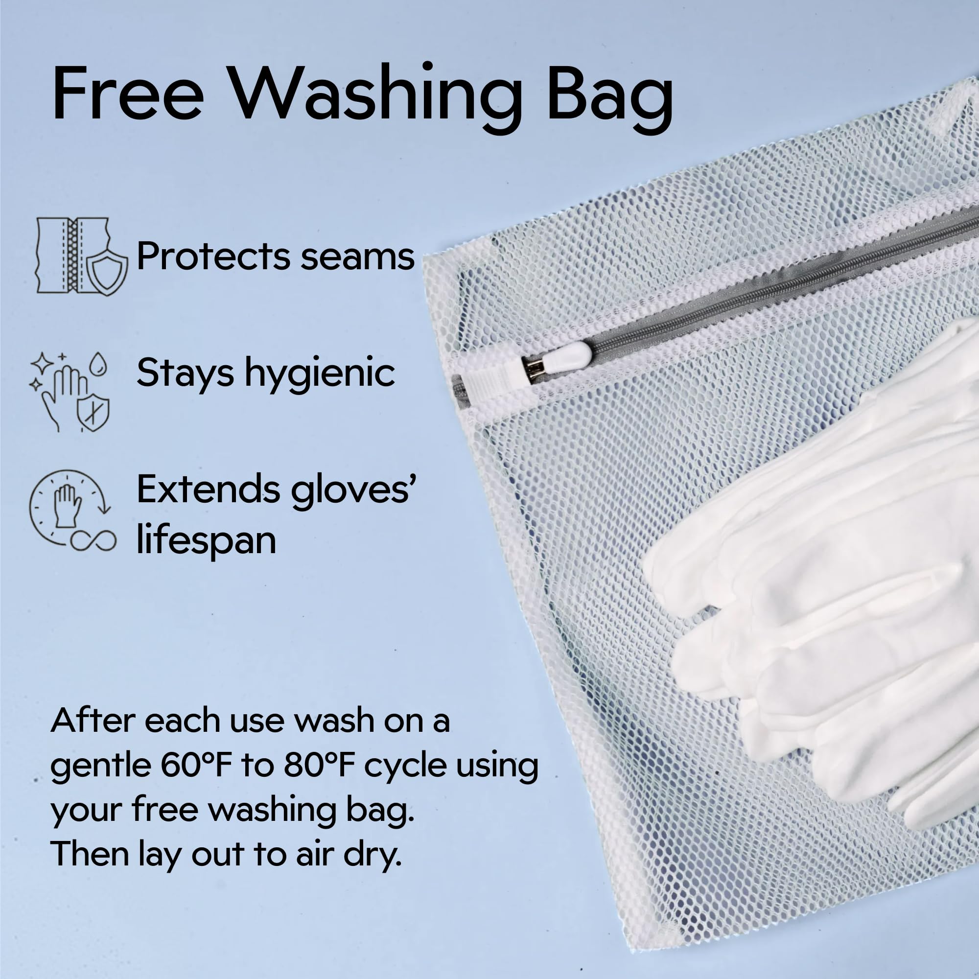Clearbody Organics mesh wash bag with gloves showing easy hygienic laundering