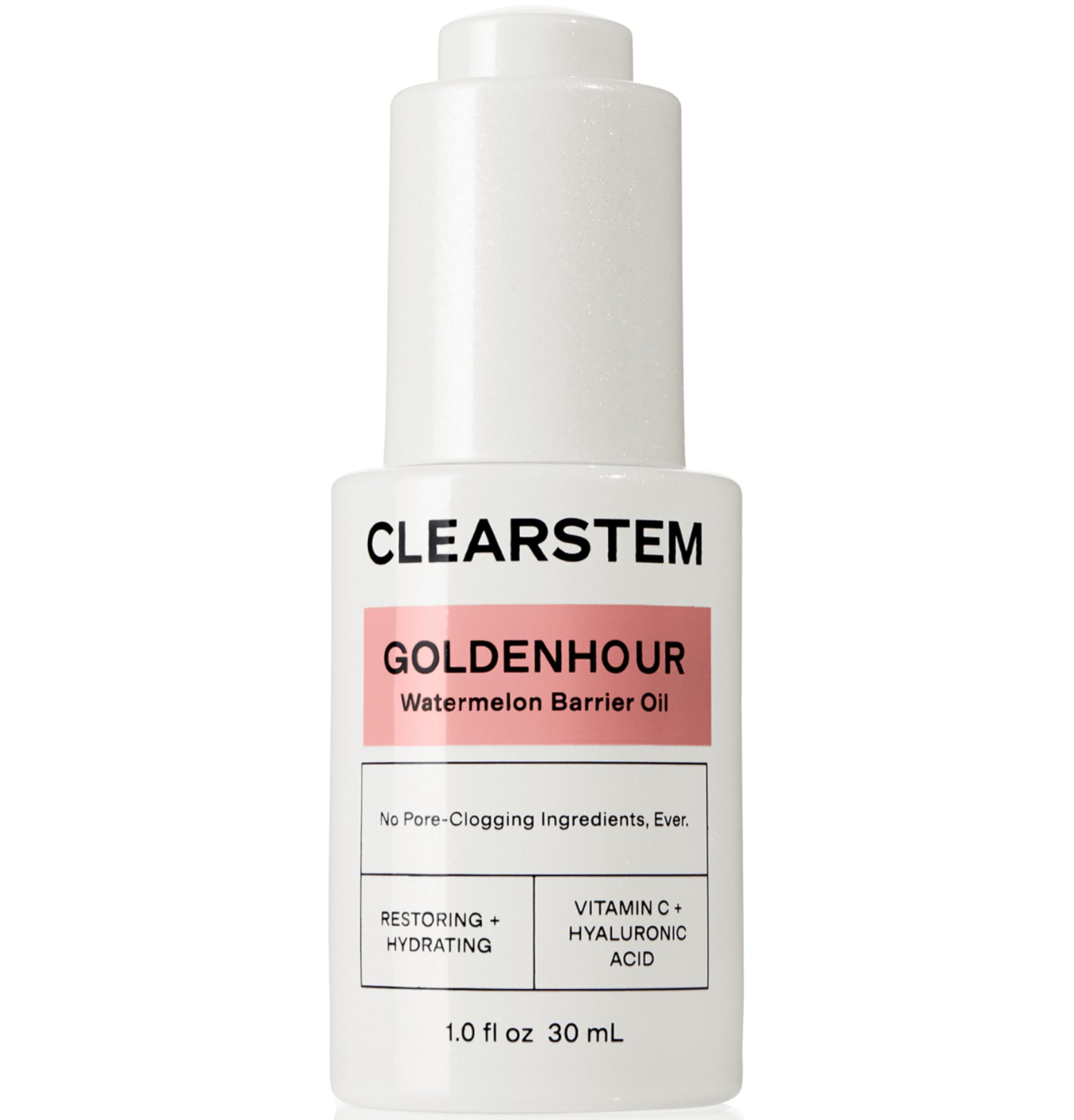 CLEARSTEM front bottle of GOLDENHOUR facial oil showing label and sleek packaging, promotes elegant skincare routine
