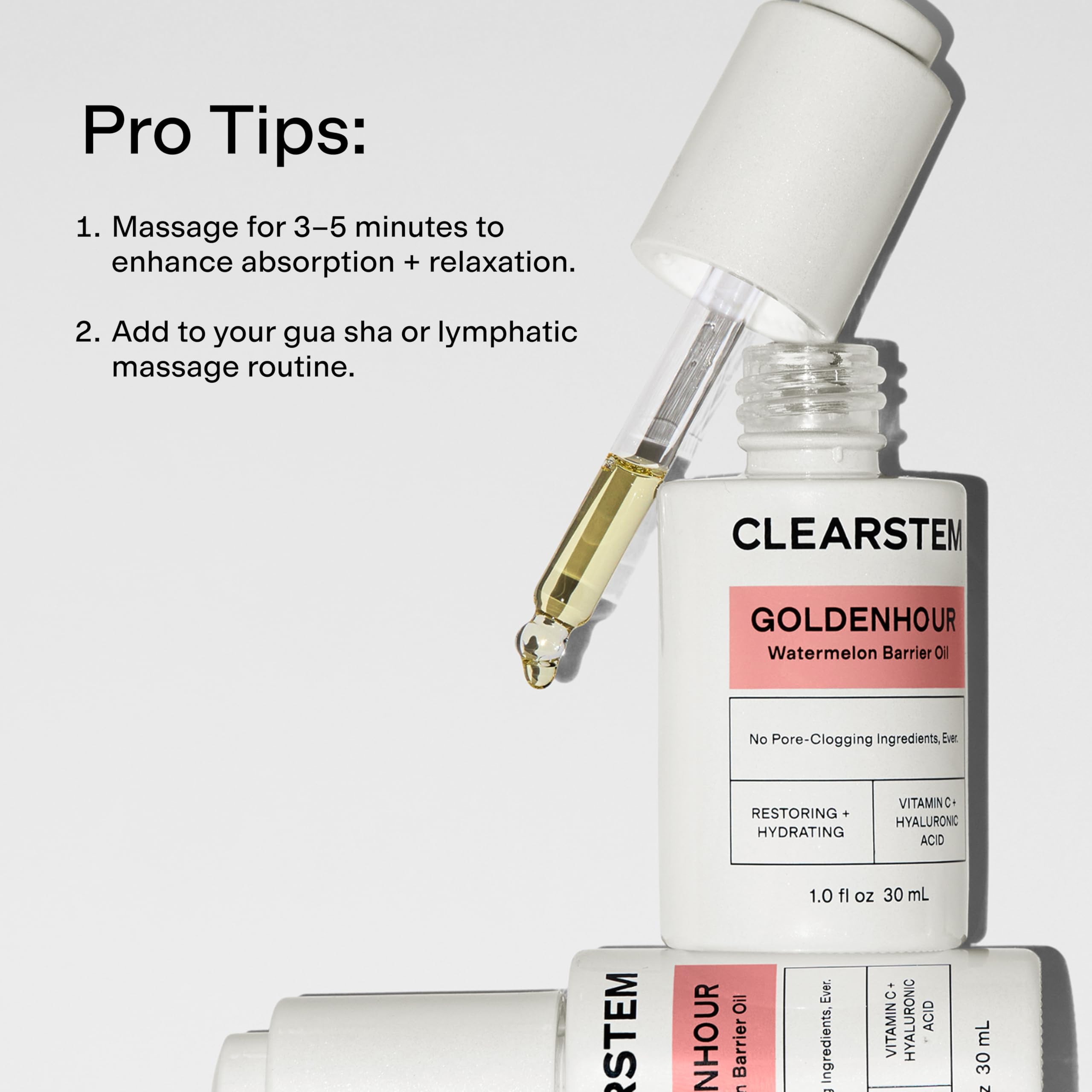 CLEARSTEM GOLDENHOUR bottle on bathroom shelf during routine demonstrating easy layering with other products