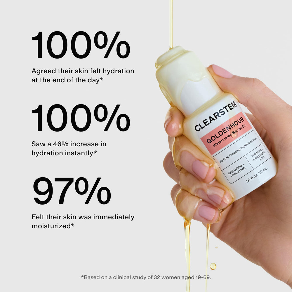 CLEARSTEM watermelon seed oil ingredient jar beside GOLDENHOUR emphasizing nourishing, non-greasy hydration
