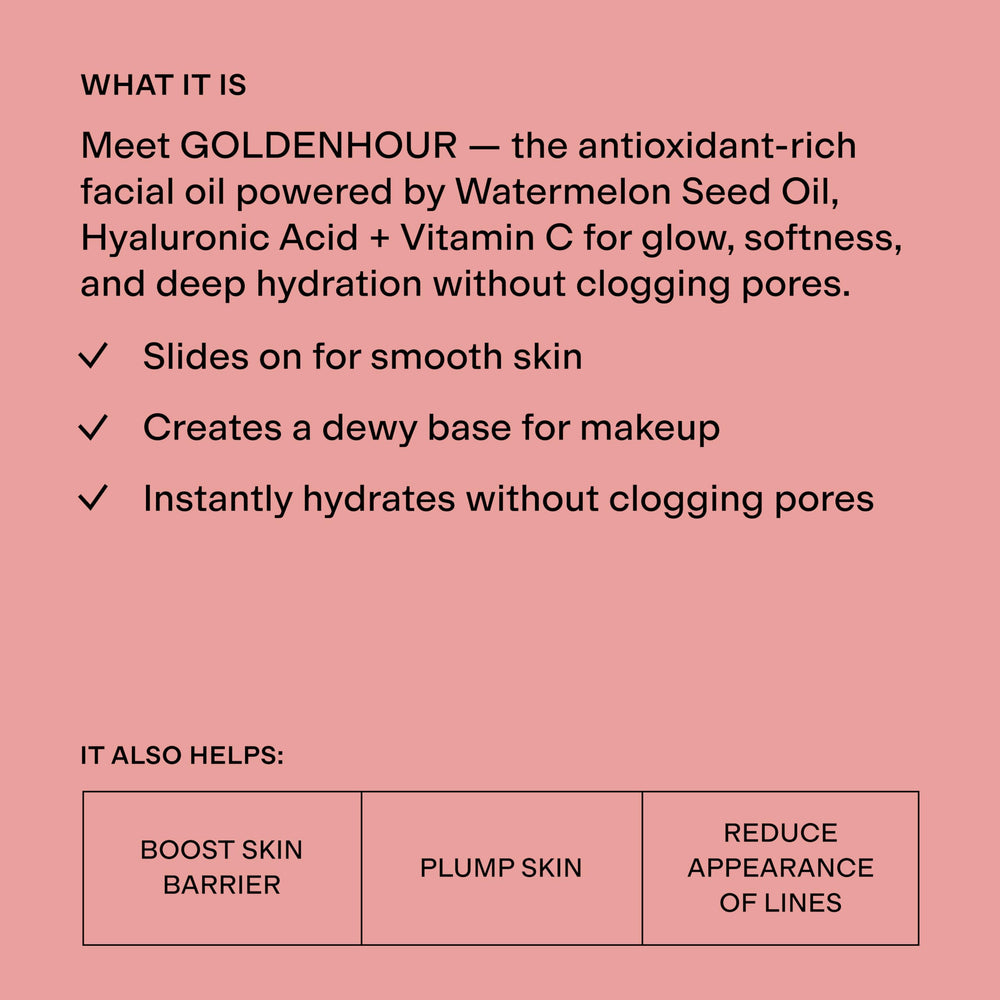 CLEARSTEM close-up of GOLDENHOUR oil texture highlighting lightweight silky finish for quick skin absorption