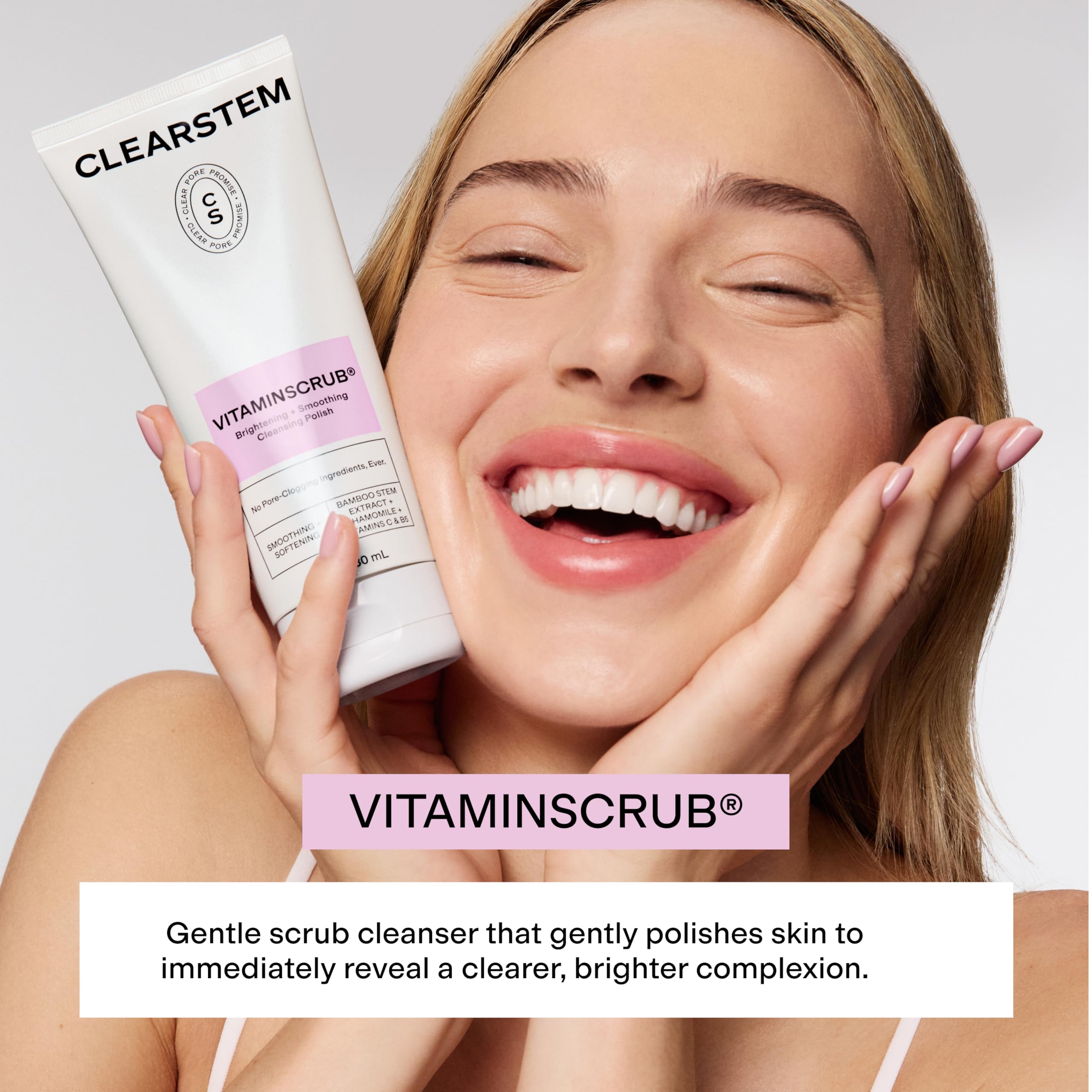 CLEARSTEM scrub texture close-up revealing bamboo particles for gentle polish