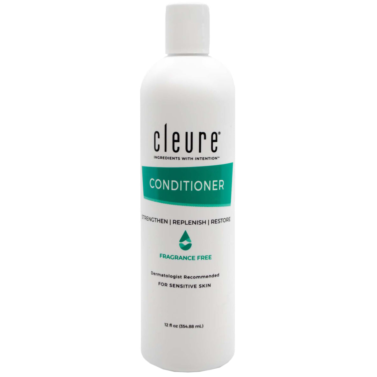Cleure conditioner front bottle showing clean hypoallergenic packaging and gentle formula benefit
