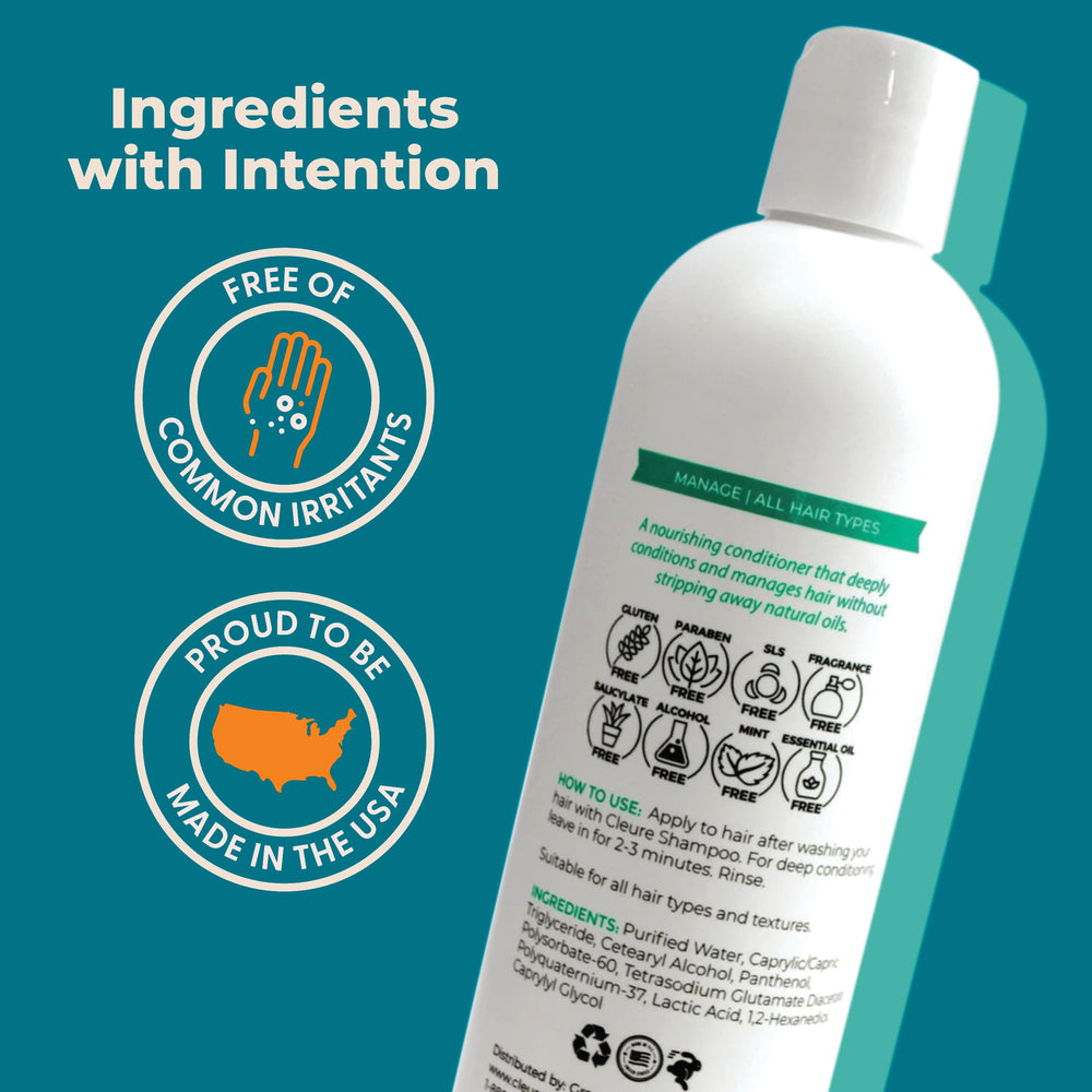 Cleure conditioner being dispensed from pump showing smooth texture and easy application benefit