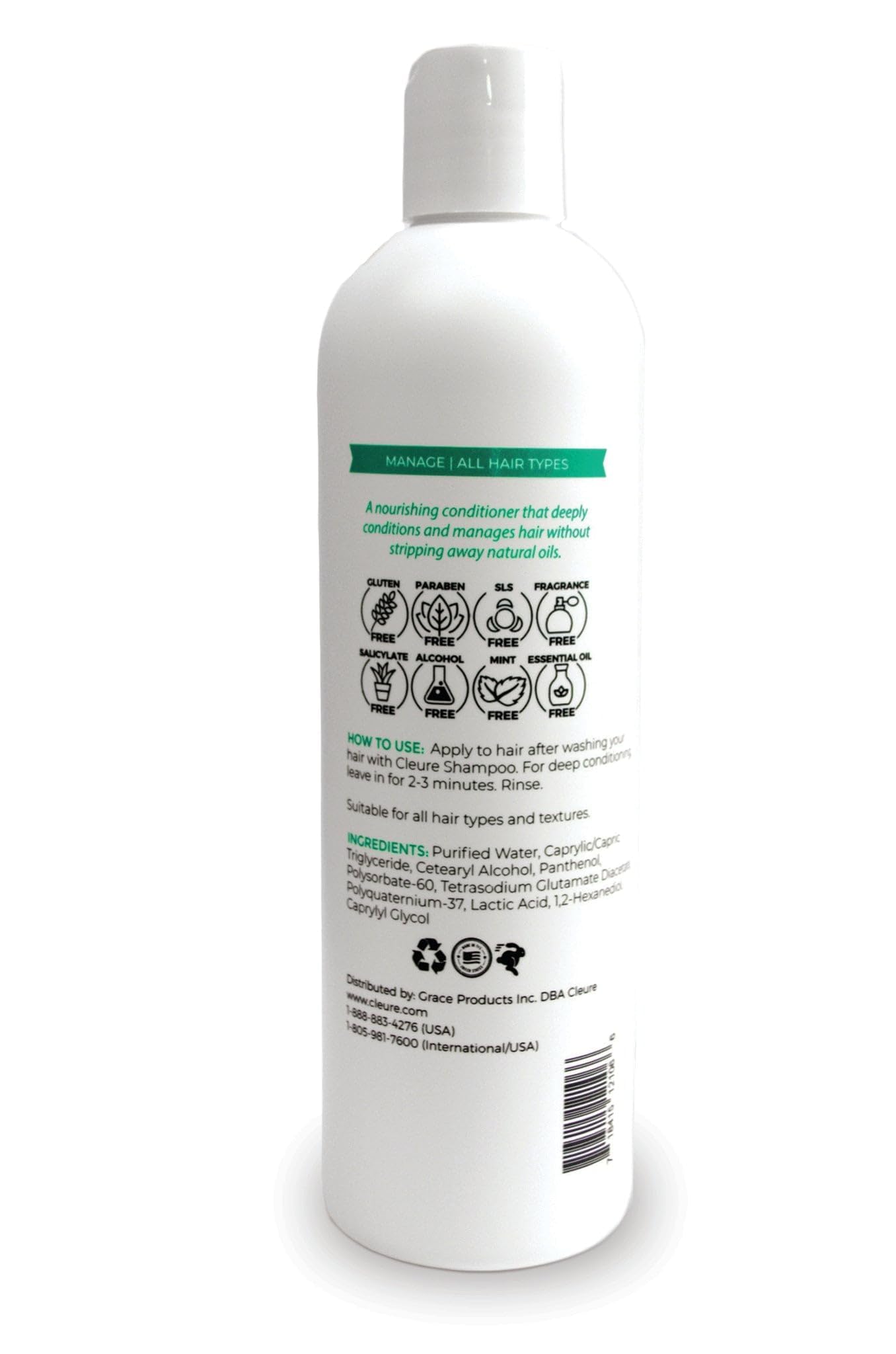 Cleure conditioner 12 oz next to ruler for scale showing exact size and travel-friendly benefit