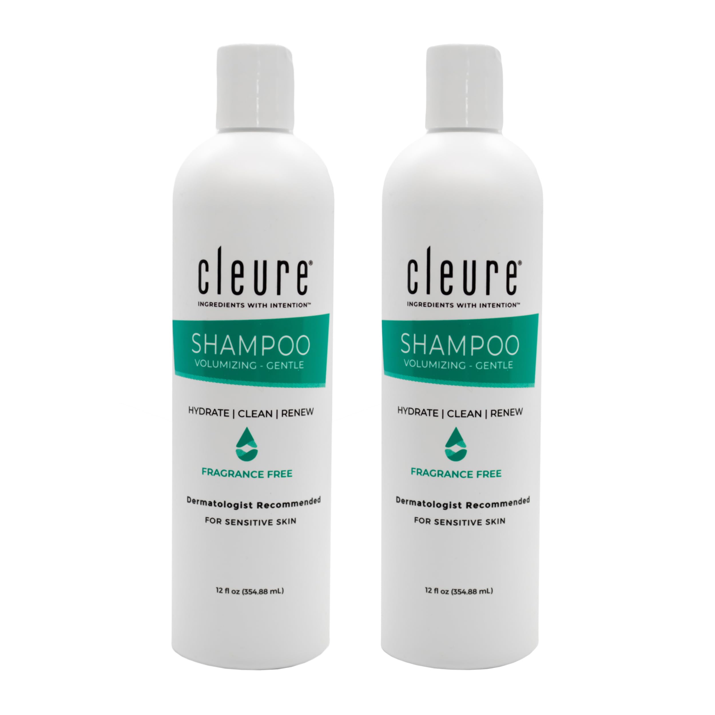 Cleure front view of two bottles showing clean packaging and hypoallergenic benefit