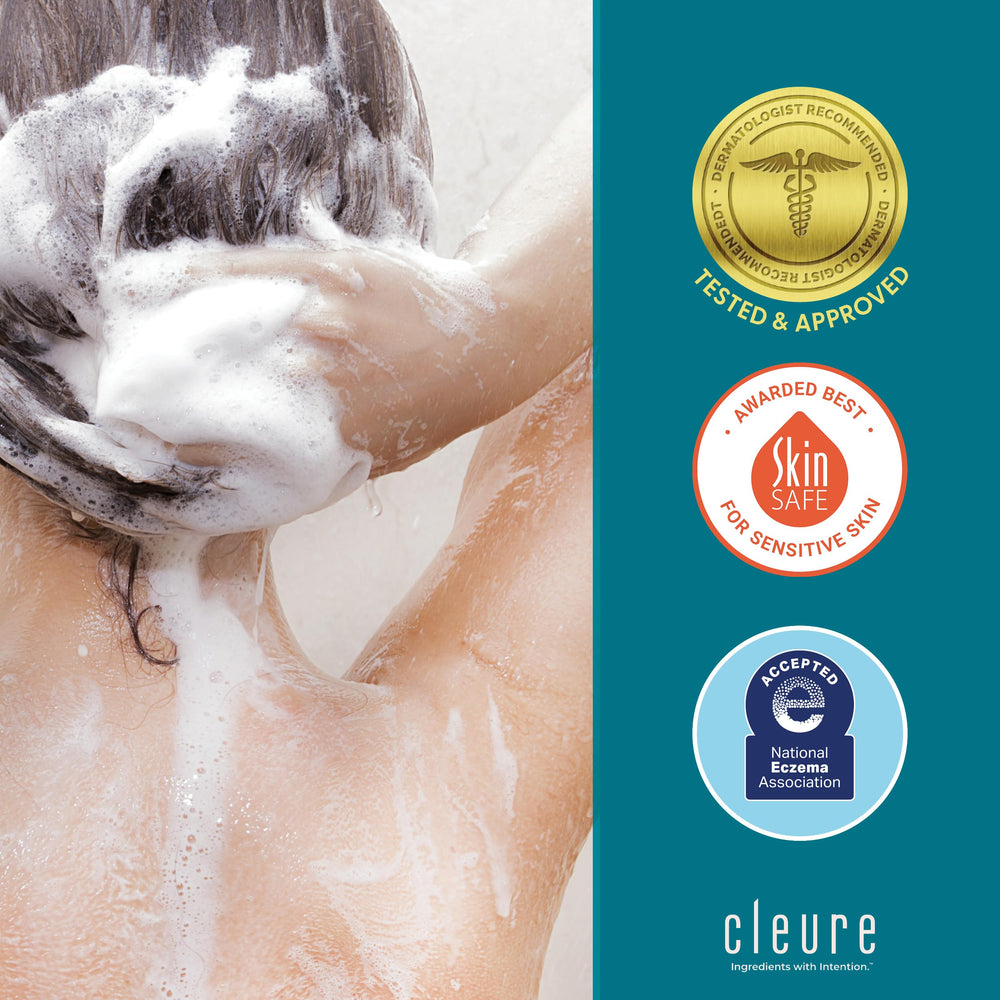 Cleure bottles on bathroom shelf in calm setting, promoting everyday scalp comfort
