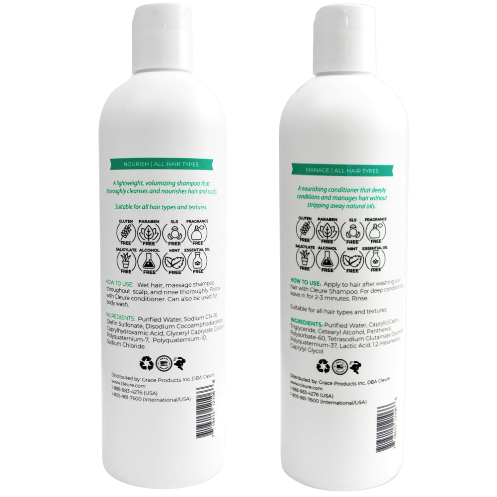 Cleure shampoo bottle close-up of label highlighting sulfate-free benefit