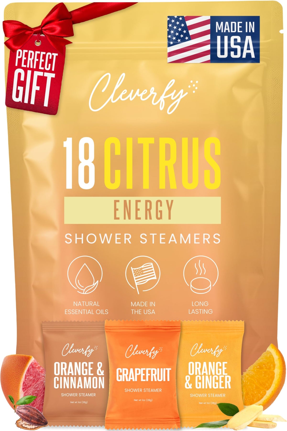 CLEVERFY front packaging showing 18 citrus shower steamers and clear benefits