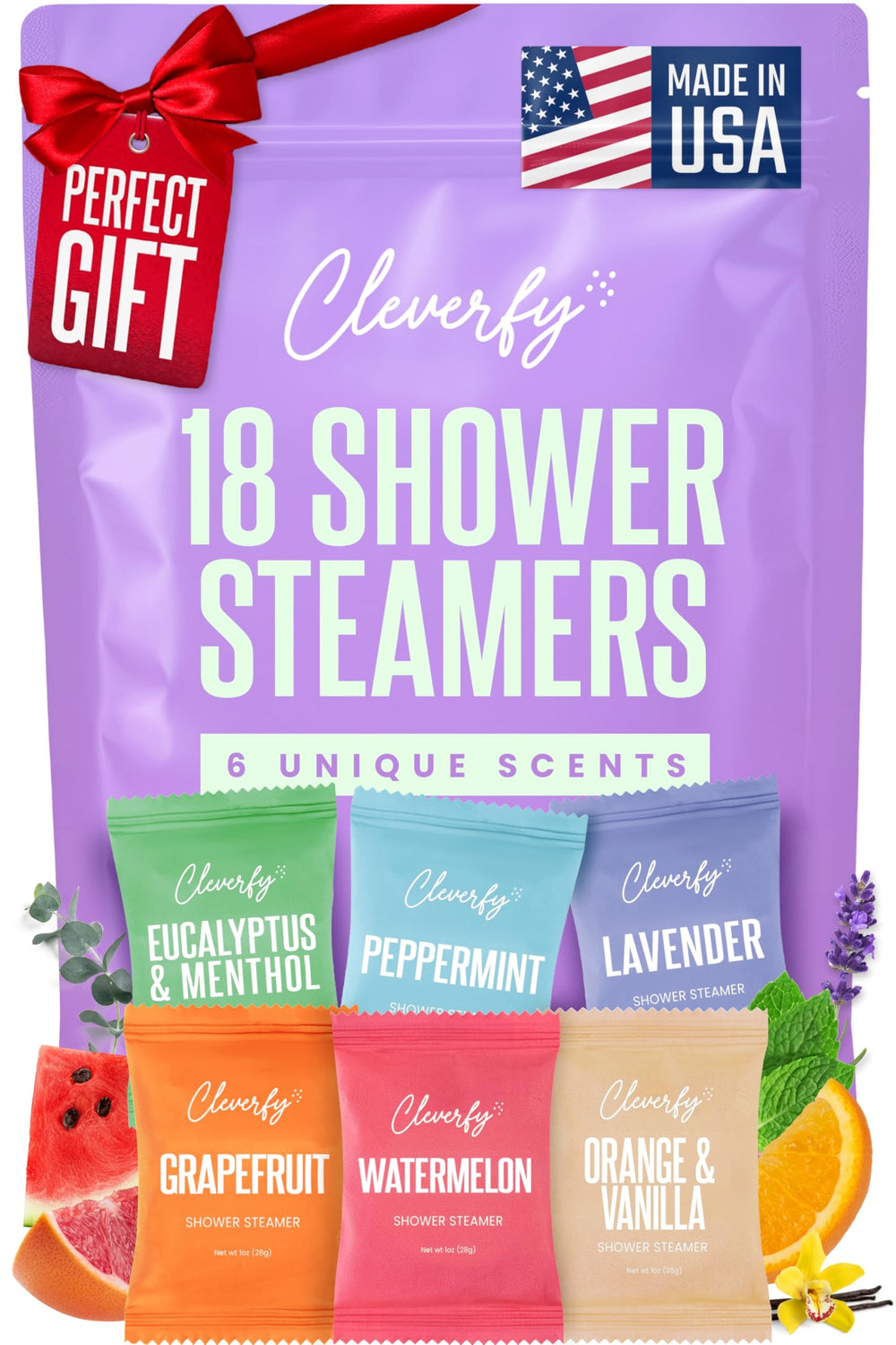 CLEVERFY front packaging showing 18 tablets and scent names for easy selection