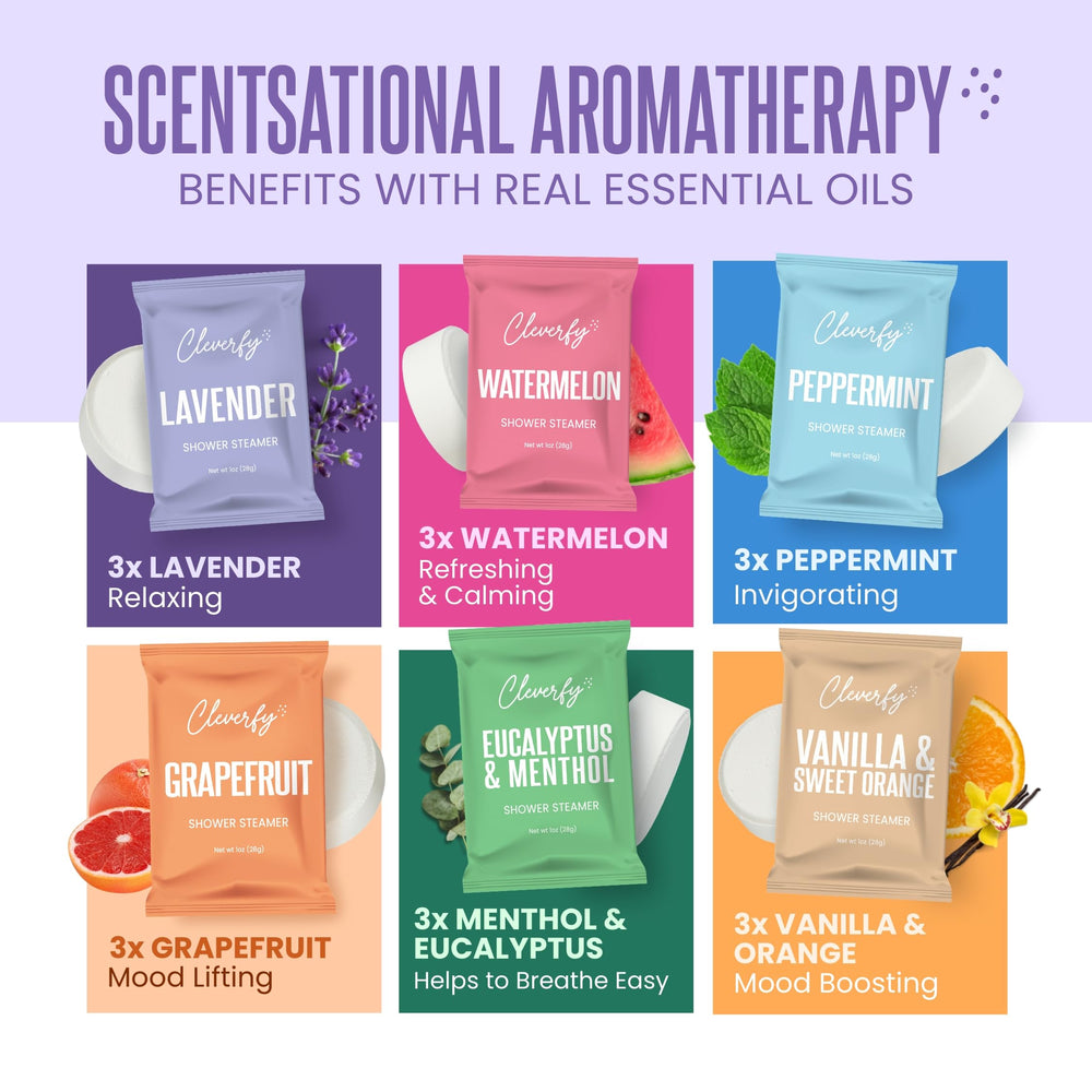 CLEVERFY arrangement of six scents displayed for quick scent choice and mood variety