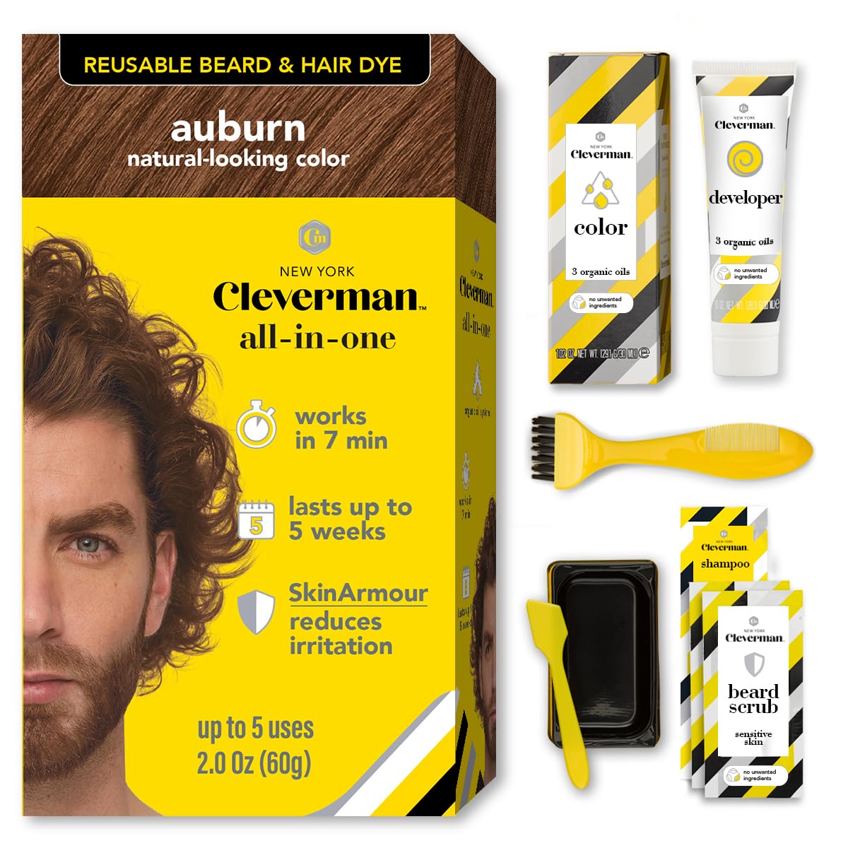 CLEVERMAN front packaging showing auburn shade and reusable kit benefit