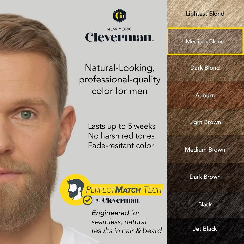 Cleverman before and after split showing reduced gray and natural medium-blond tone
