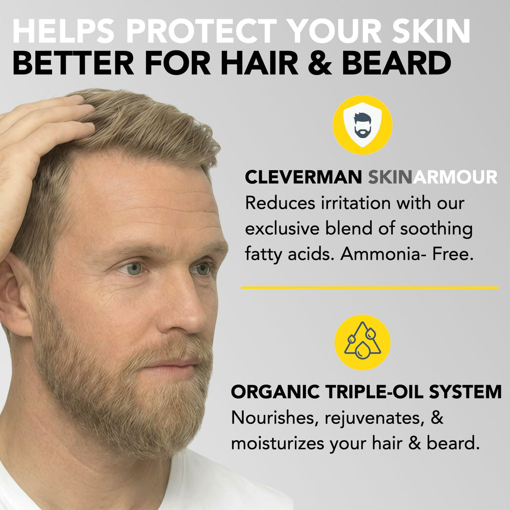 Cleverman label close-up highlighting ammonia-free vegan formula benefits
