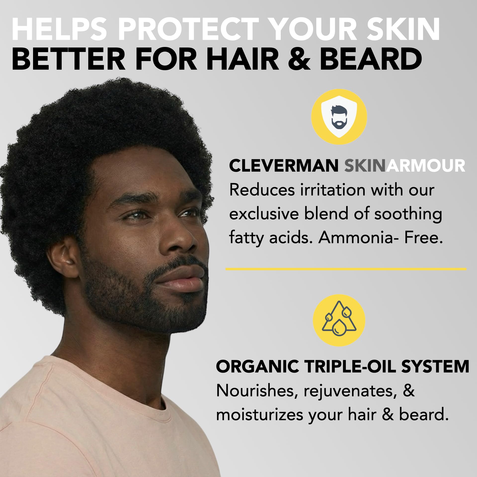CLEVERMAN triple organic oil bottles highlighting conditioning benefits
