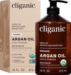 Cliganic argan oil front bottle showing organic seal and size benefit