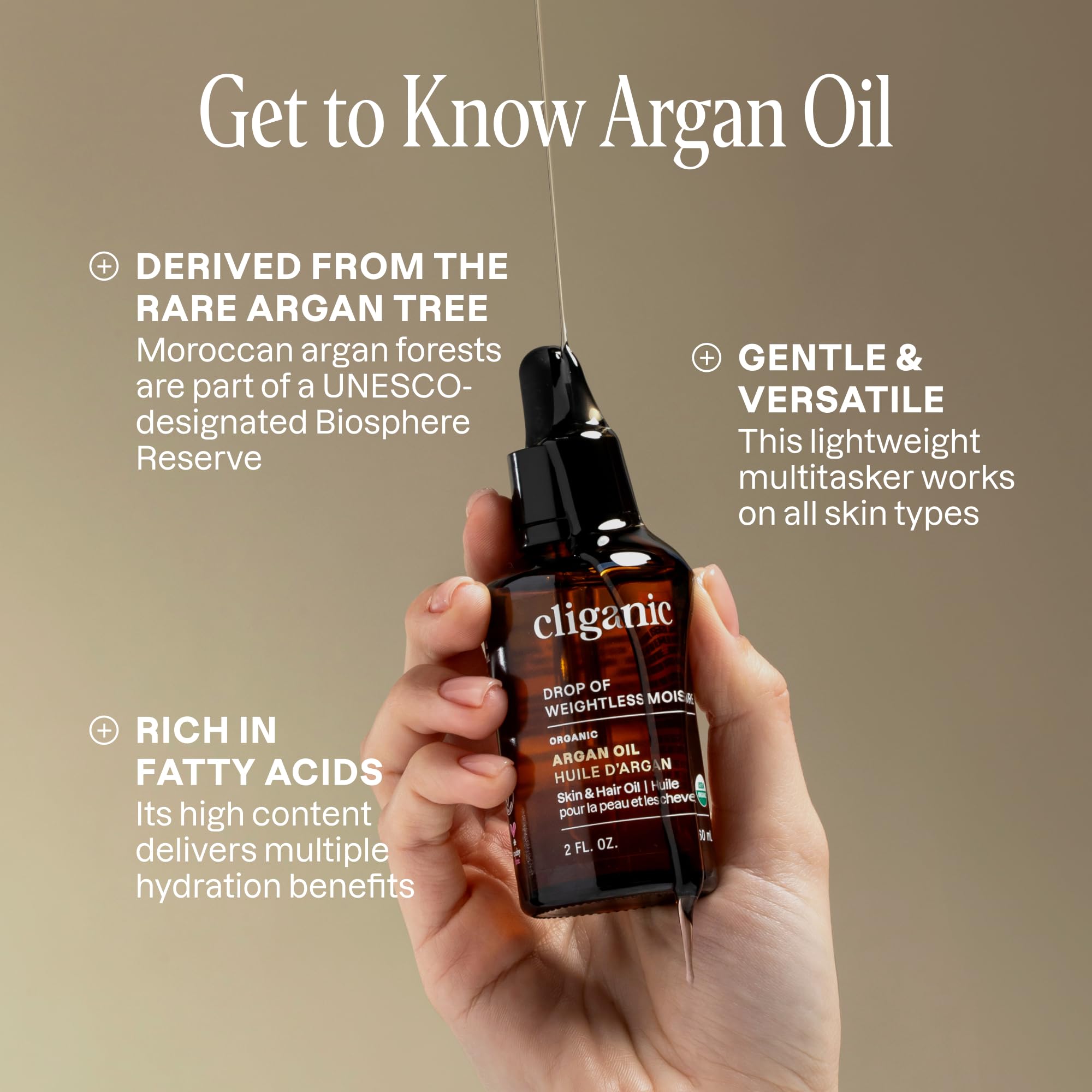 Cliganic argan oil label close-up highlighting USDA organic certification benefit