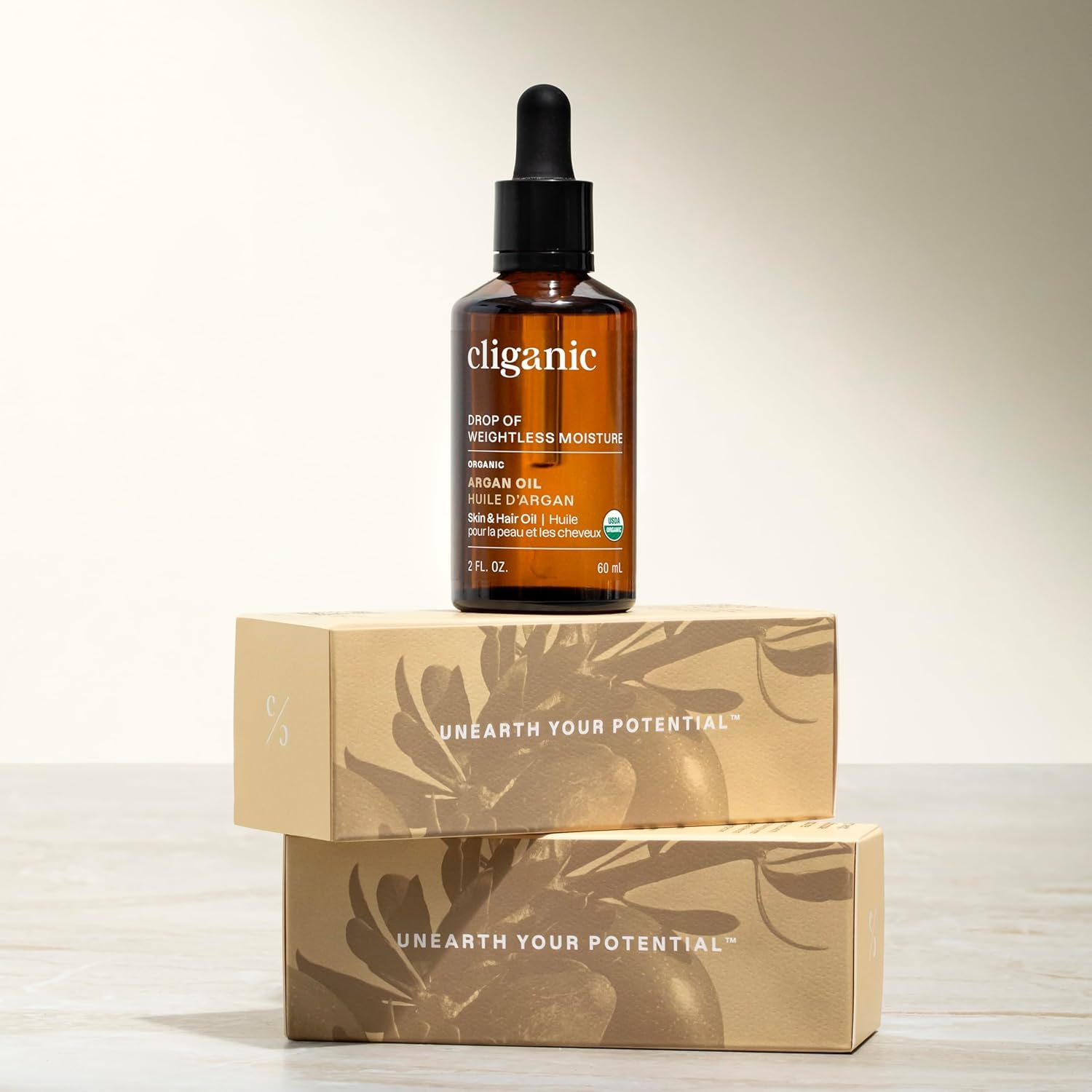 Cliganic argan oil on bathroom shelf styled for daily skincare routine benefit