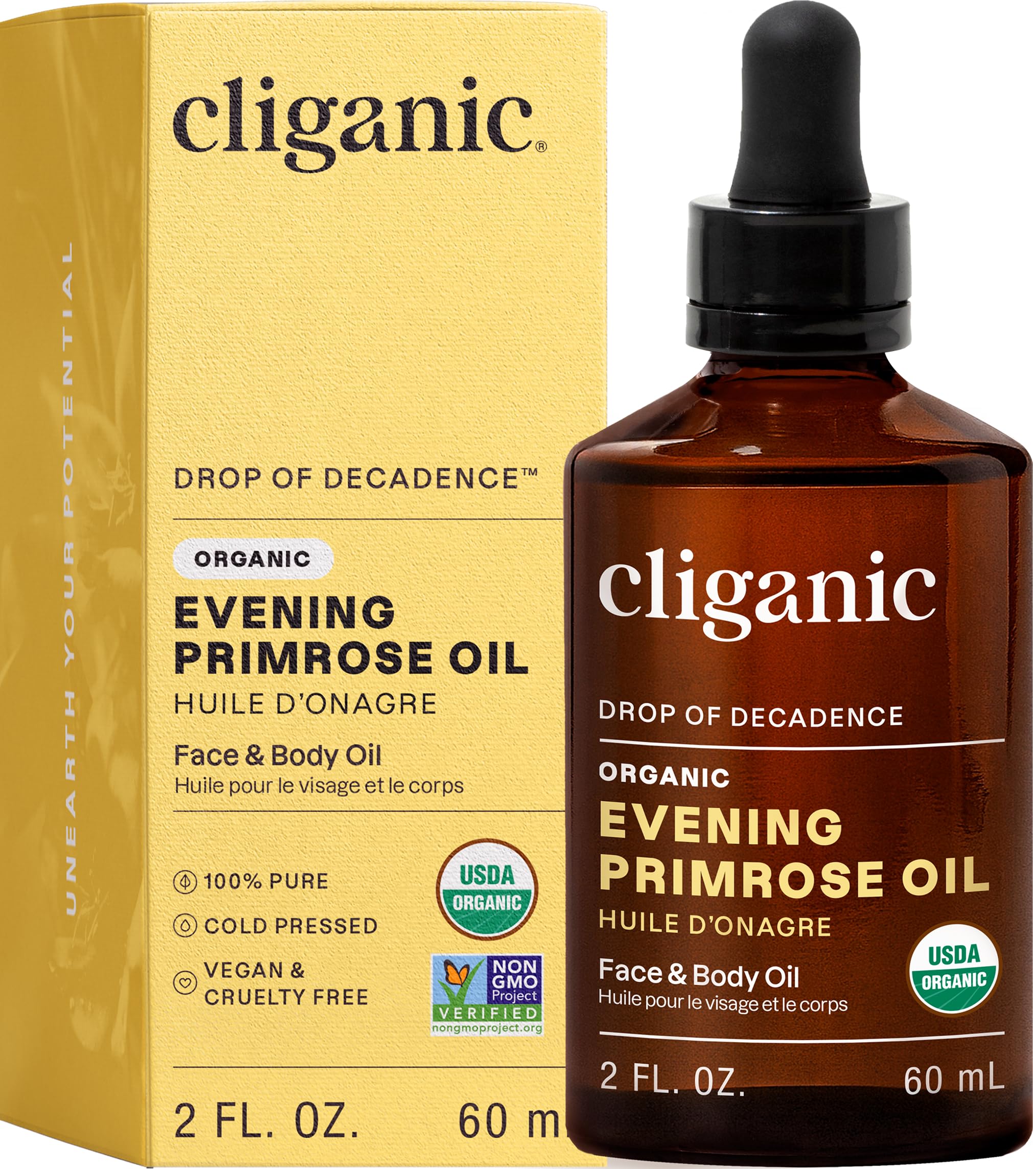 Cliganic evening primrose oil front bottle showing label and benefit
