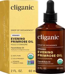 Cliganic evening primrose oil front bottle showing label and benefit