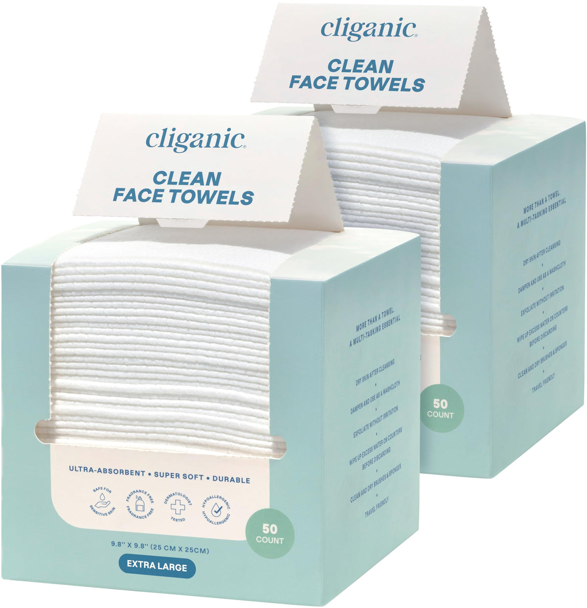 Cliganic front box showing pack of 100 towels and product benefit