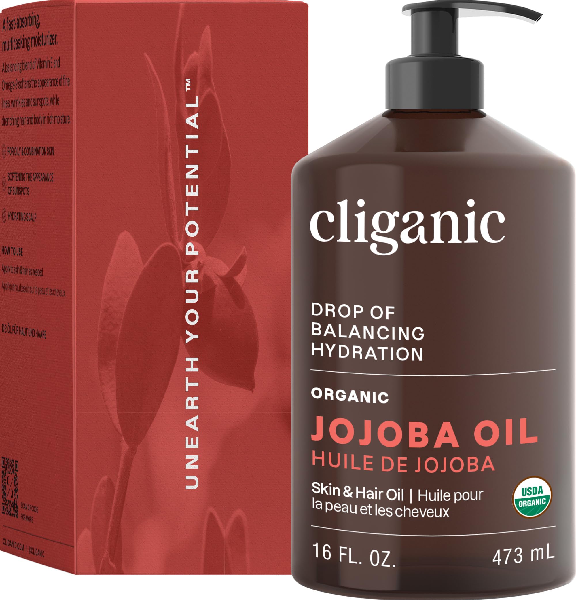 Cliganic jojoba oil beside measuring spoon showing quantity control and value