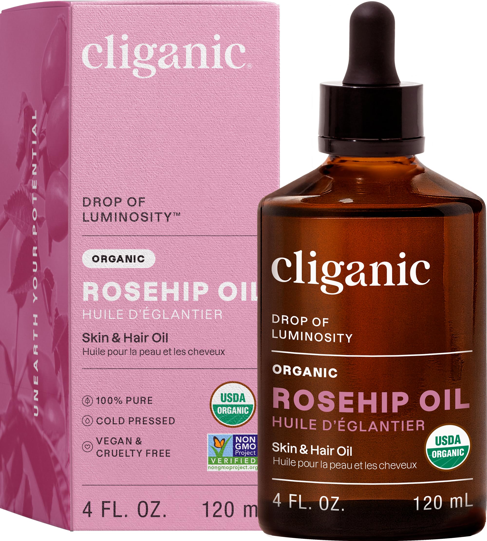 Cliganic front packaging showing the 4oz bottle and organic label benefits