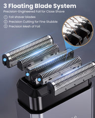 CLIKTAG foil head close-up highlighting 3-blade floating system for closer shave