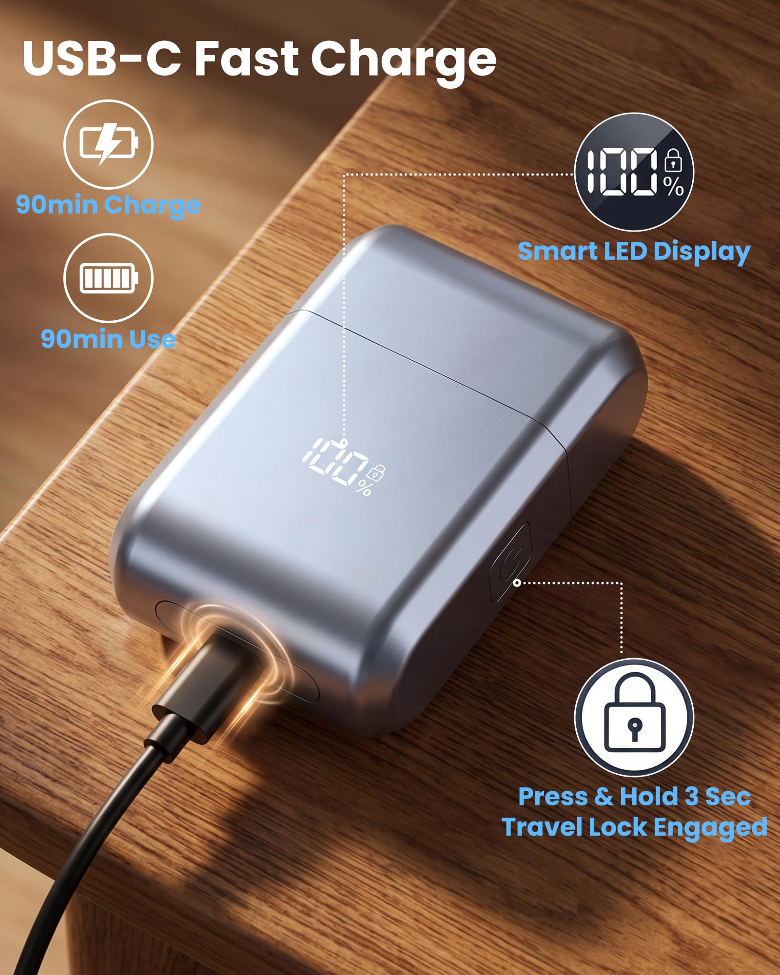CLIKTAG LED battery display showing remaining charge for reliable grooming