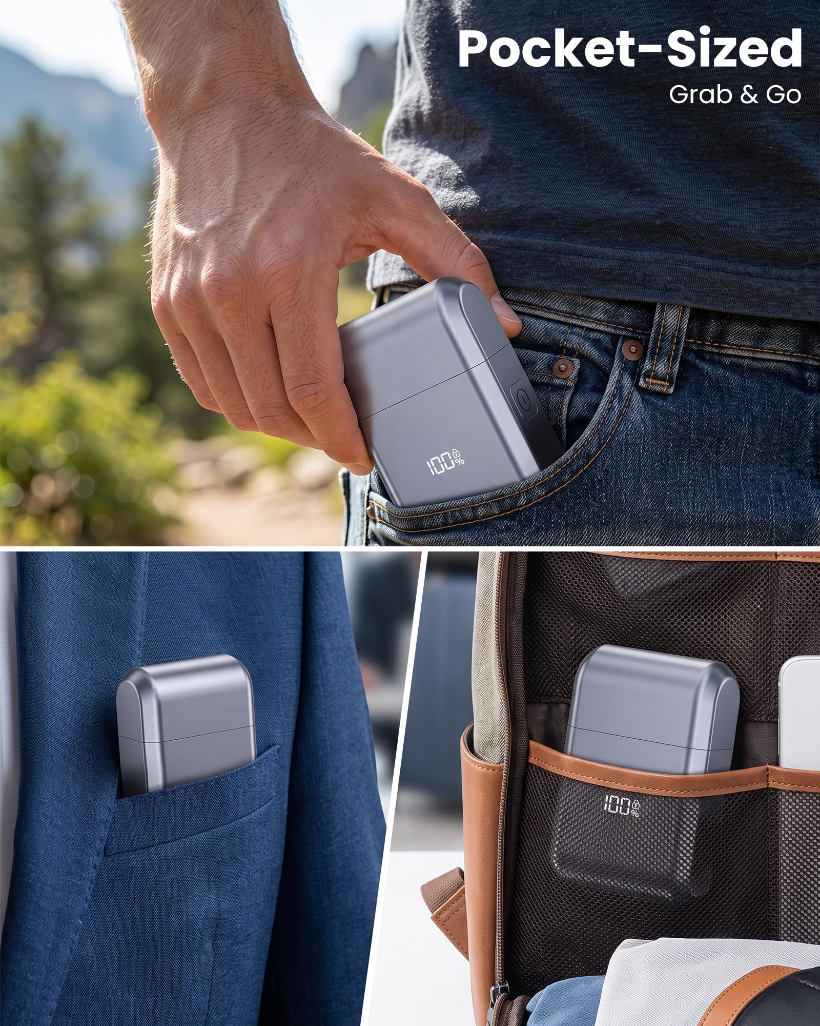 CLIKTAG next to toiletry items showing compact size for suitcase-ready portability