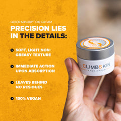 Climbskin being applied on hands to demonstrate quick absorption and improved grip